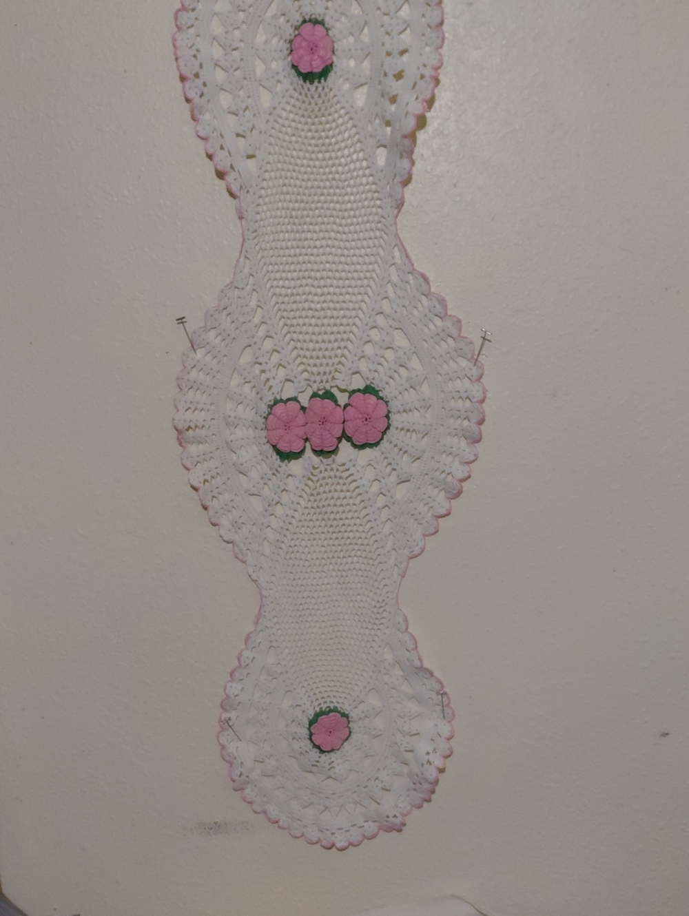 White Crochet Table Runner with Pink Floral Appliqués